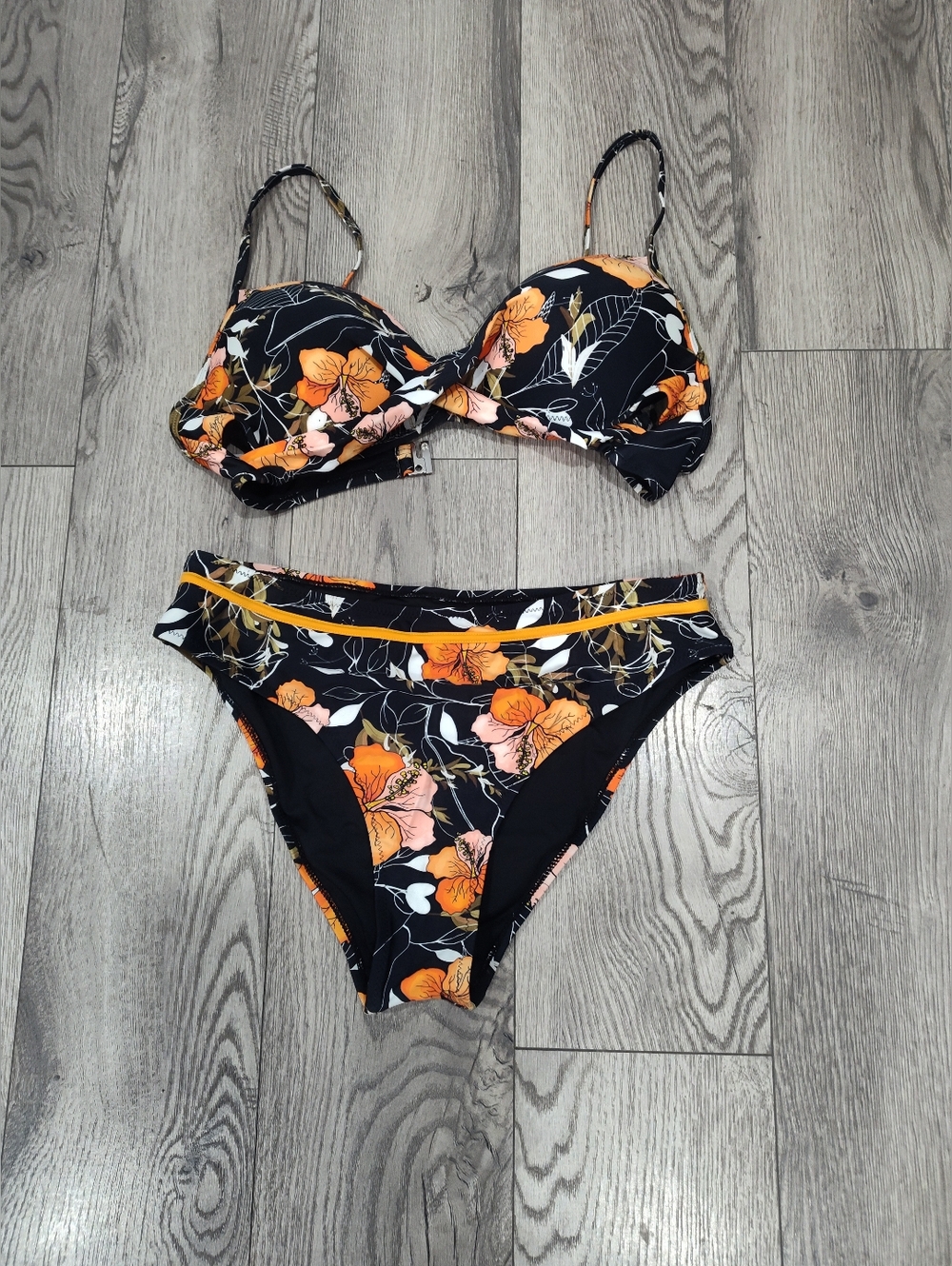 Floral Two-Piece Bikini Set in Black and Orange